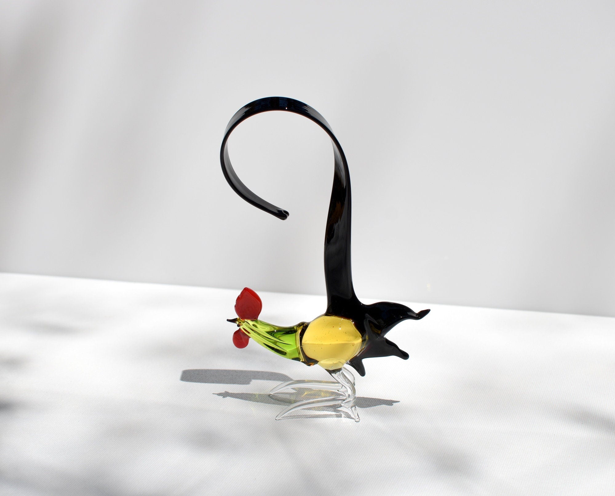 Colorful Glass Rooster Figurine: Hand-Blown Art Glass Sculpture