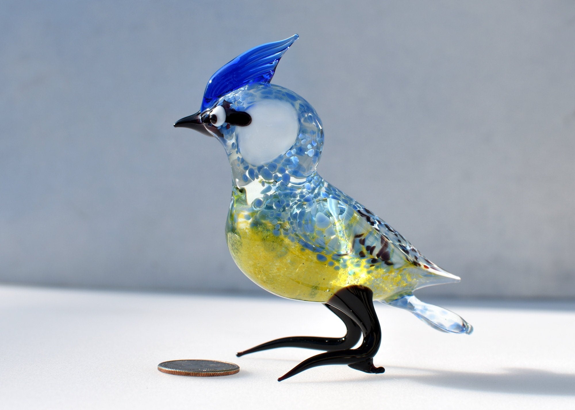 Glass Blue Jay Figurine: Hand-Blown Art Glass Sculpture, 6 Inch