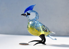 Glass Blue Jay Figurine: Hand-Blown Art Glass Sculpture, 6 Inch