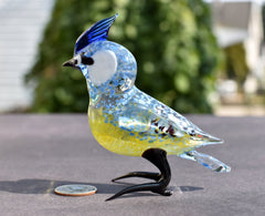 Glass Blue Jay Figurine: Hand-Blown Art Glass Sculpture, 6 Inch