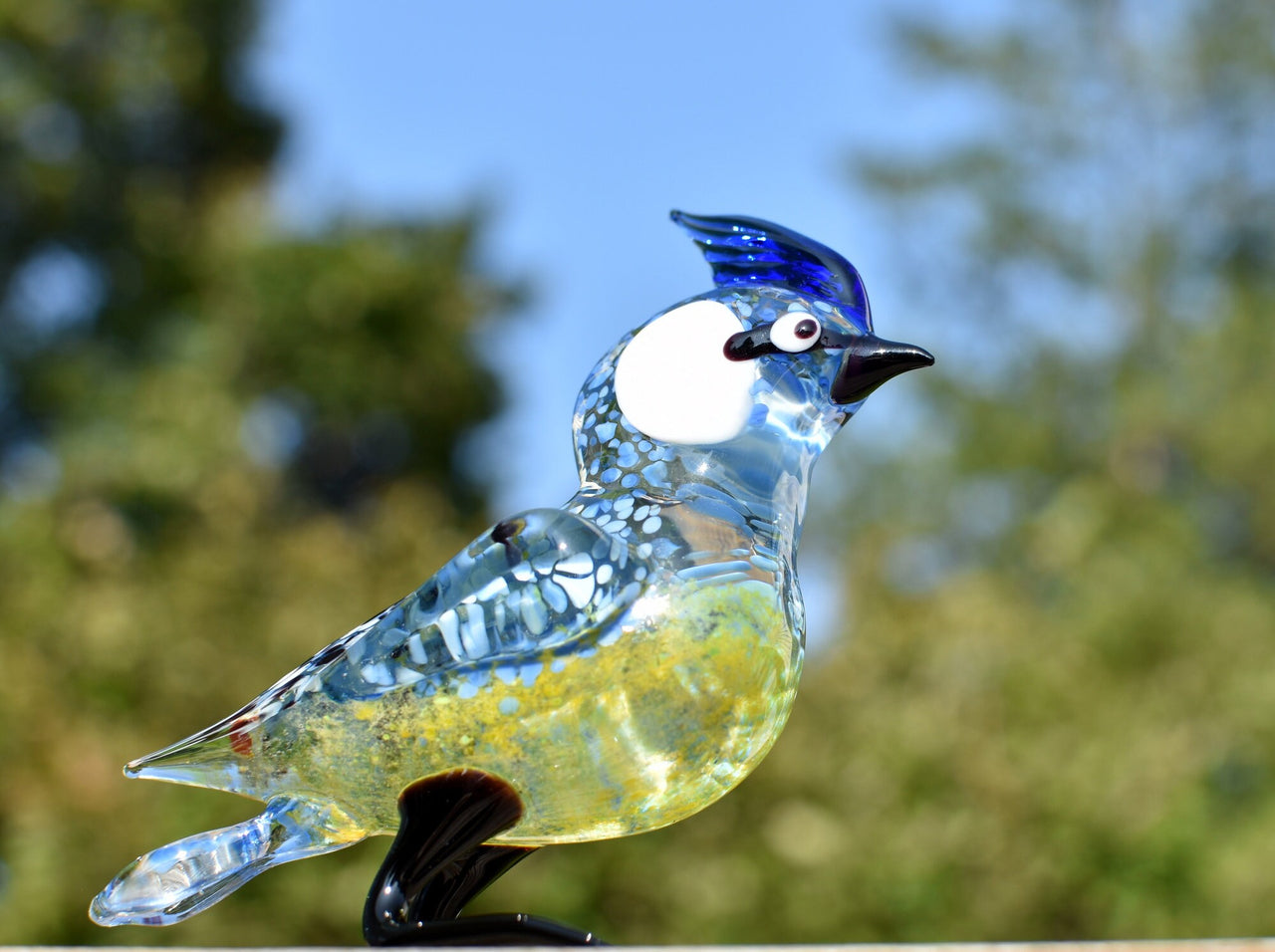 Glass Blue Jay Figurine: Hand-Blown Art Glass Sculpture, 6 Inch
