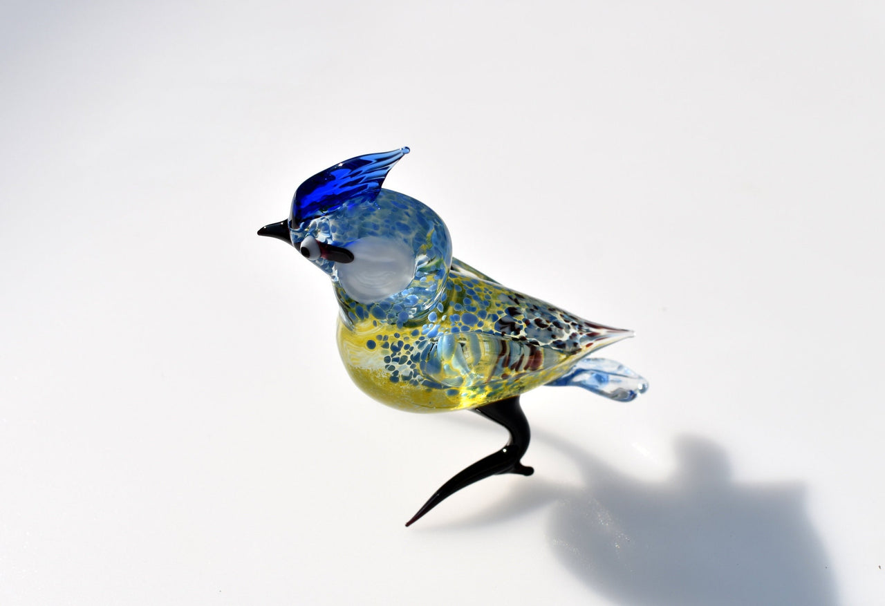 Glass Blue Jay Figurine: Hand-Blown Art Glass Sculpture, 6 Inch