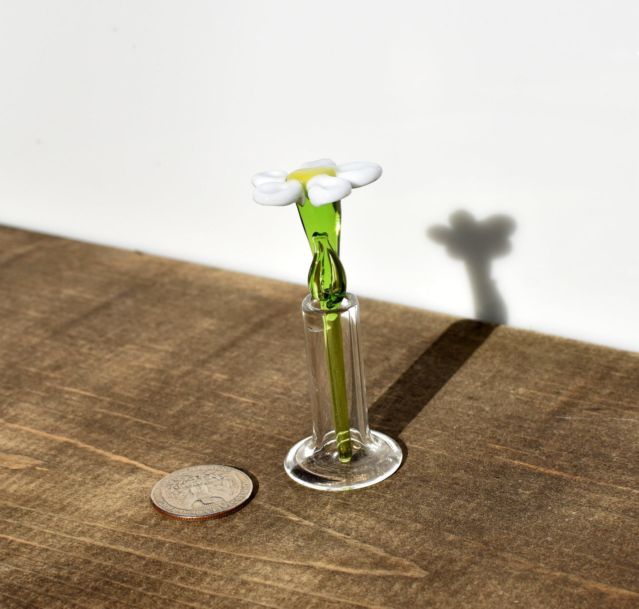 Mini Hand Blown Glass Daisy in Vase, Tiny Glass Flower Figurine, Handmade Collectible Gift