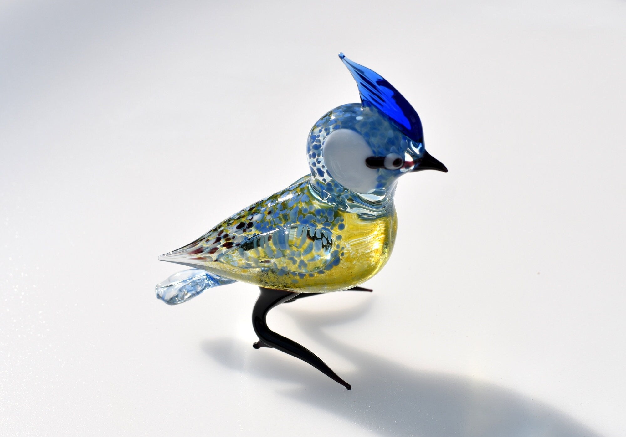 Glass Blue Jay Figurine: Hand-Blown Art Glass Sculpture, 6 Inch