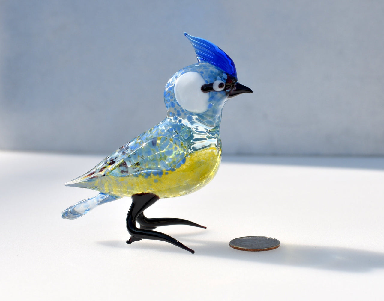 Glass Blue Jay Figurine: Hand-Blown Art Glass Sculpture, 6 Inch