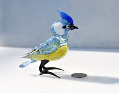 Glass Blue Jay Figurine: Hand-Blown Art Glass Sculpture, 6 Inch