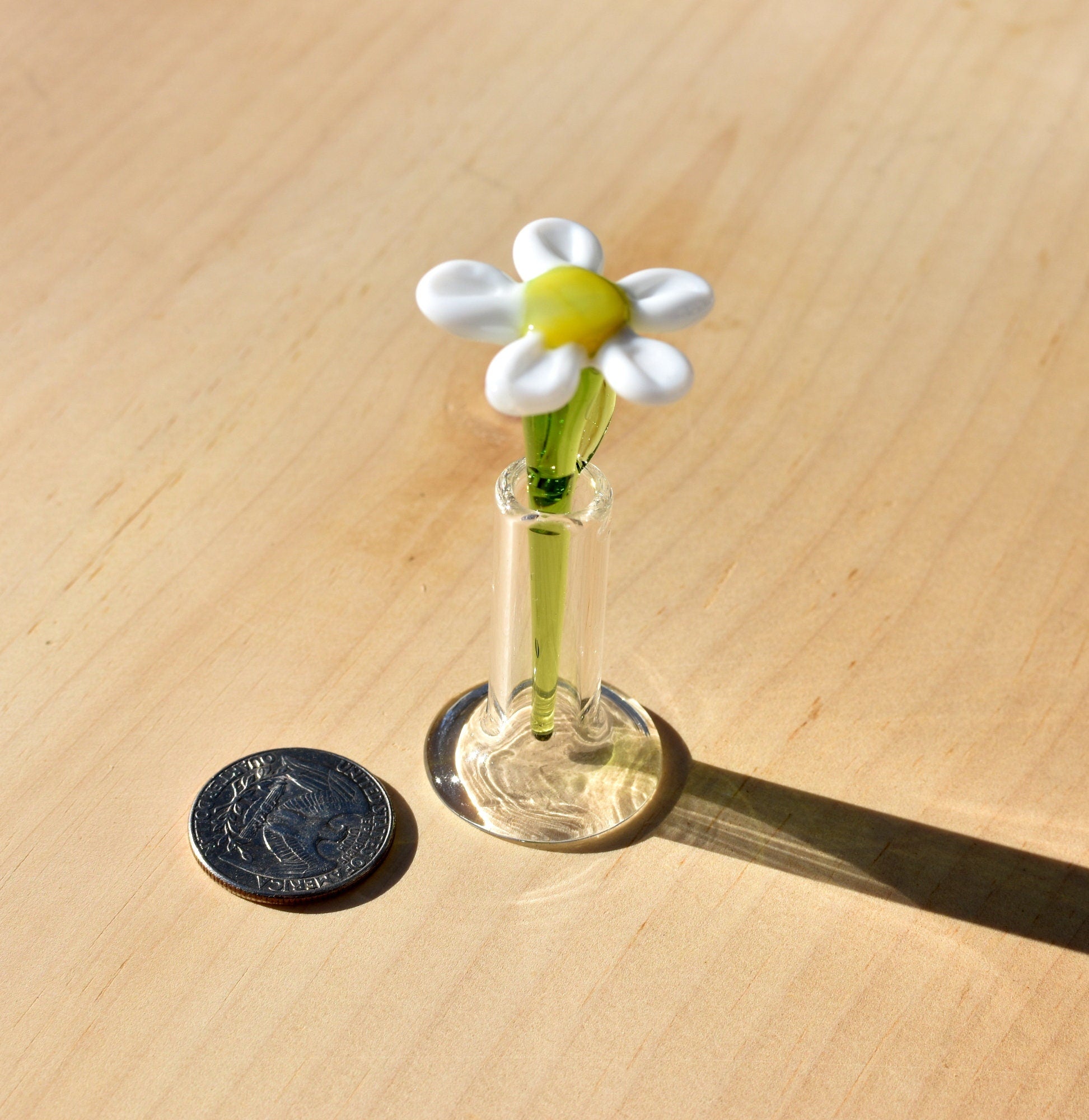 Mini Hand Blown Glass Daisy in Vase, Tiny Glass Flower Figurine, Handmade Collectible Gift