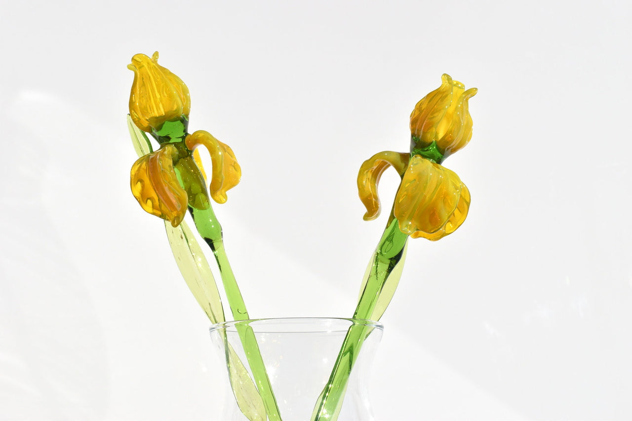 Yellow Glass Iris Flower Sculpture: Flame-Worked Art, Weatherproof Decor