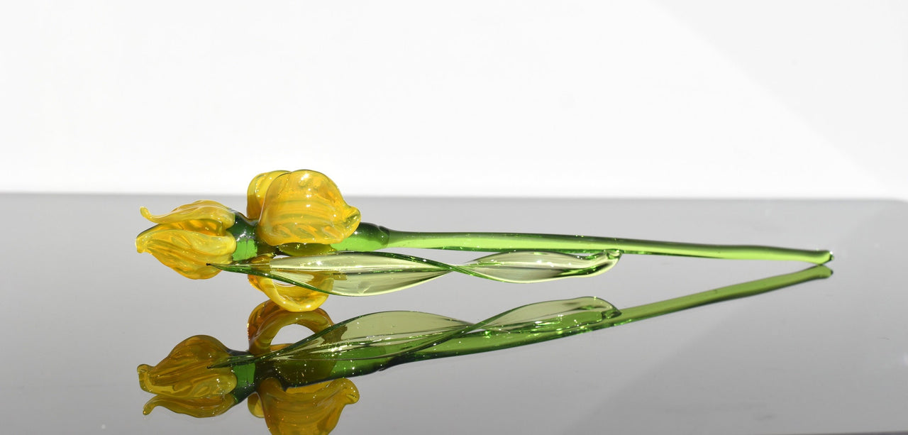 Yellow Glass Iris Flower Sculpture: Flame-Worked Art, Weatherproof Decor