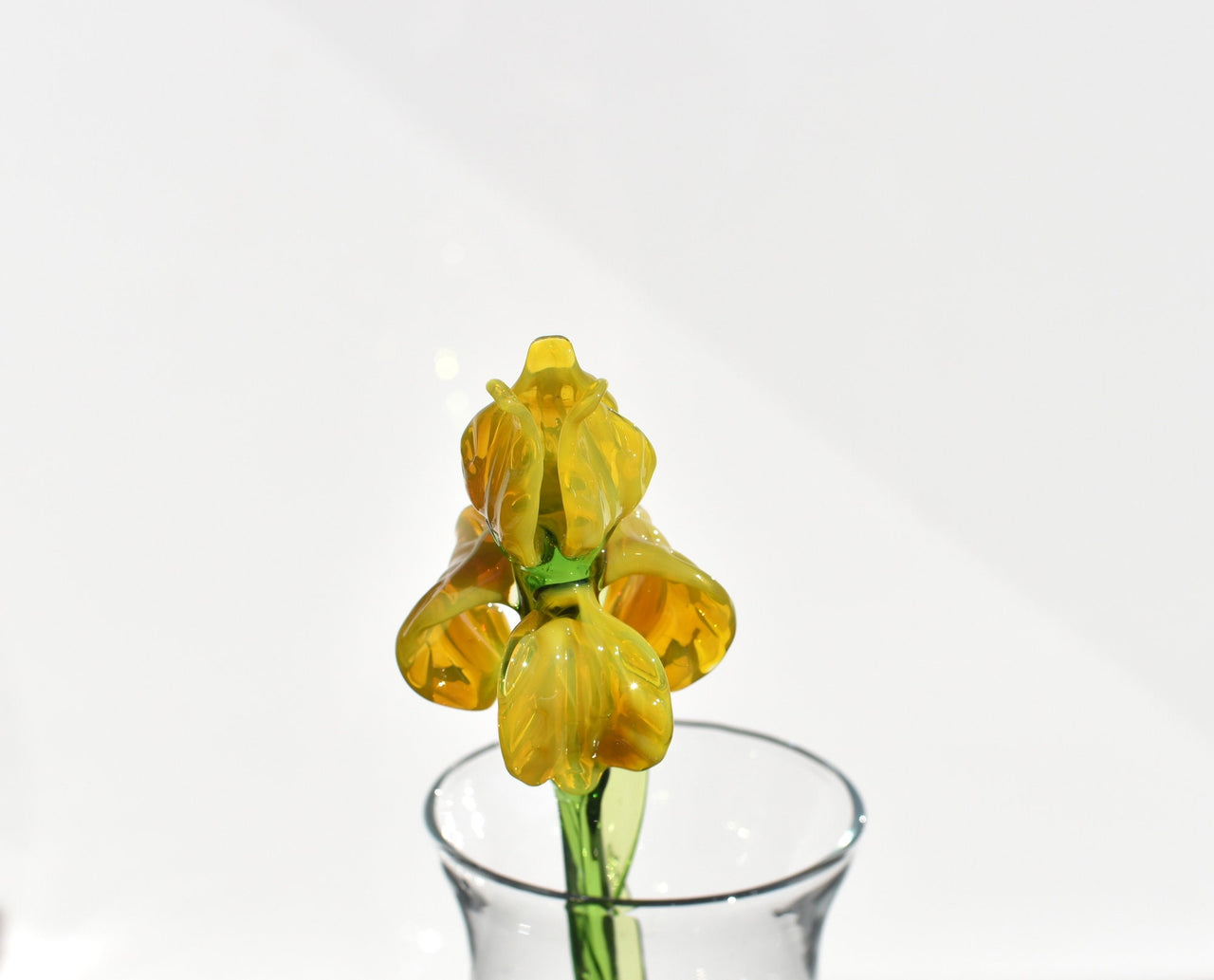 Yellow Glass Iris Flower Sculpture: Flame-Worked Art, Weatherproof Decor