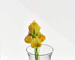 Yellow Glass Iris Flower Sculpture: Flame-Worked Art, Weatherproof Decor