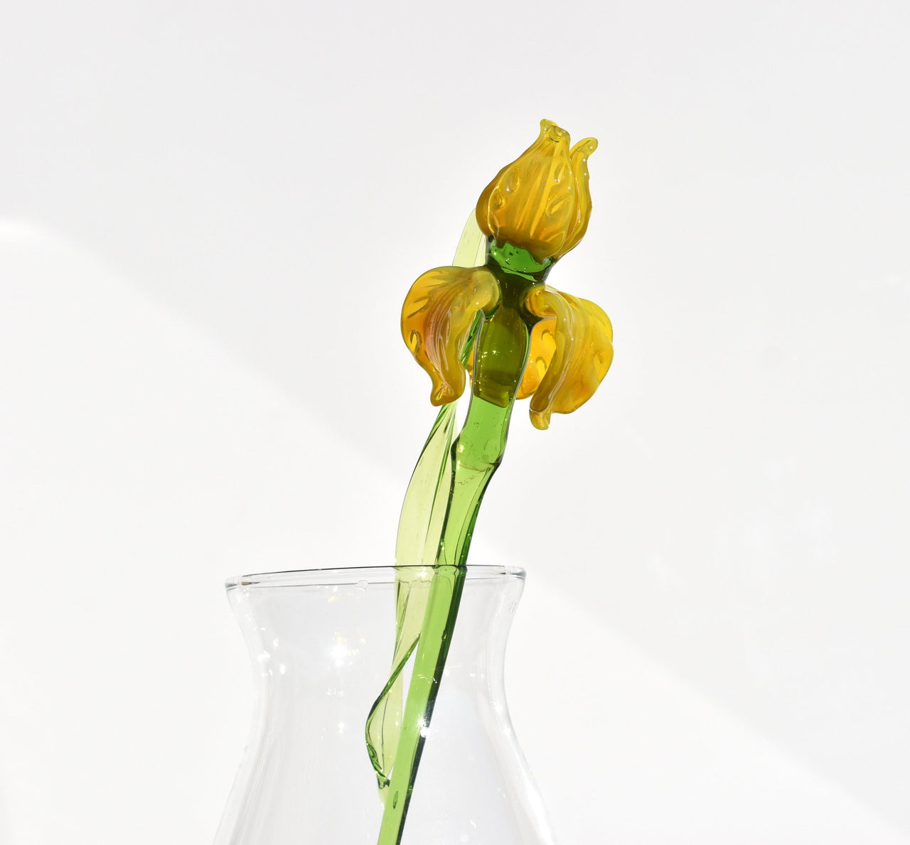 Yellow Glass Iris Flower Sculpture: Flame-Worked Art, Weatherproof Decor