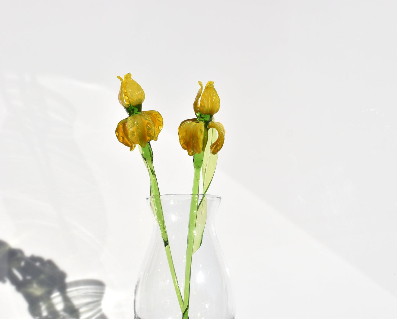 Yellow Glass Iris Flower Sculpture: Flame-Worked Art, Weatherproof Decor