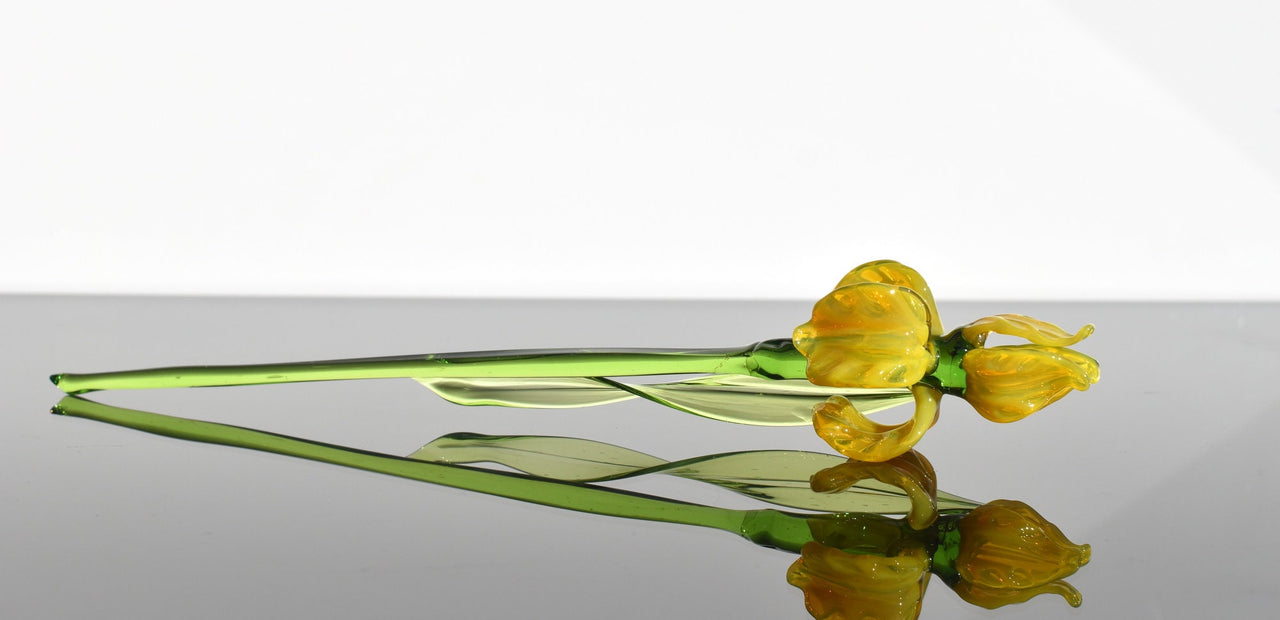 Yellow Glass Iris Flower Sculpture: Flame-Worked Art, Weatherproof Decor