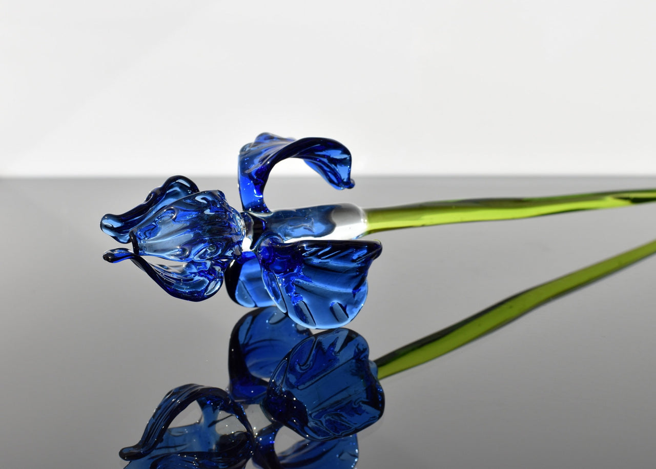 Handblown 15” Glass Iris Flower – Blown Glass Blue Iris Stem, Realistic Floral Art, Handmade Glass Home Decor & Unique Gift Idea