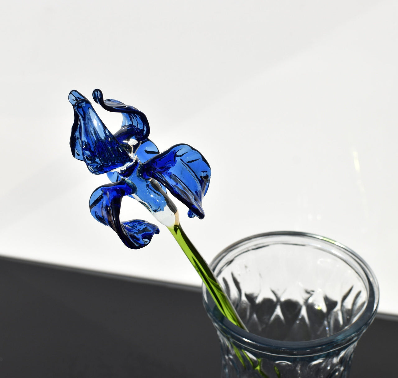 Handblown 15” Glass Iris Flower – Blown Glass Blue Iris Stem, Realistic Floral Art, Handmade Glass Home Decor & Unique Gift Idea