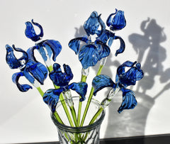Handblown 15” Glass Iris Flower – Blown Glass Blue Iris Stem, Realistic Floral Art, Handmade Glass Home Decor & Unique Gift Idea