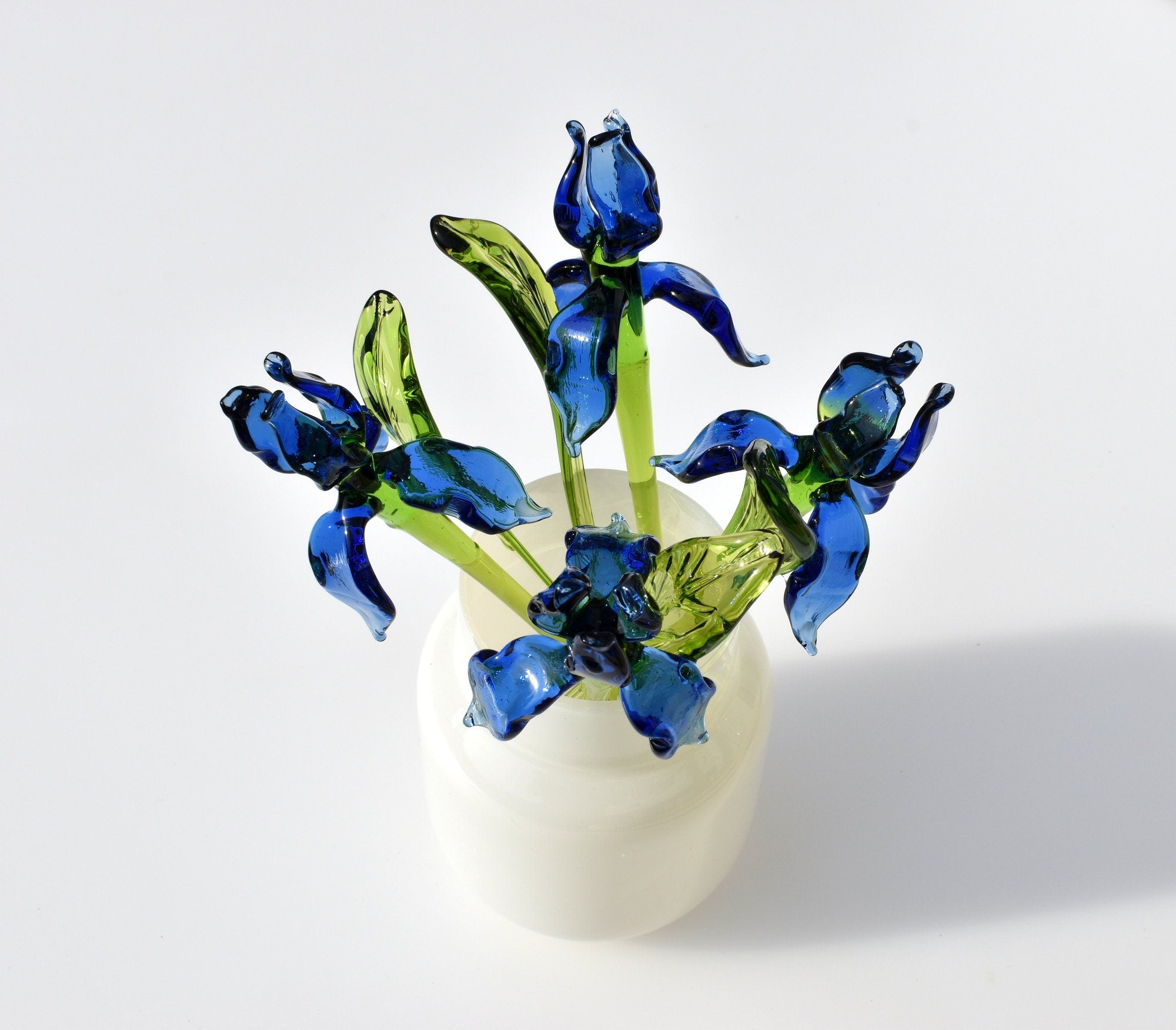 Blue Glass Flowers, Glass Iris, Glass Birth Month Flower, Blown Glass Flower Bouquet, Desk Decor For Women, Mothers Day Gifts, Easter Decor