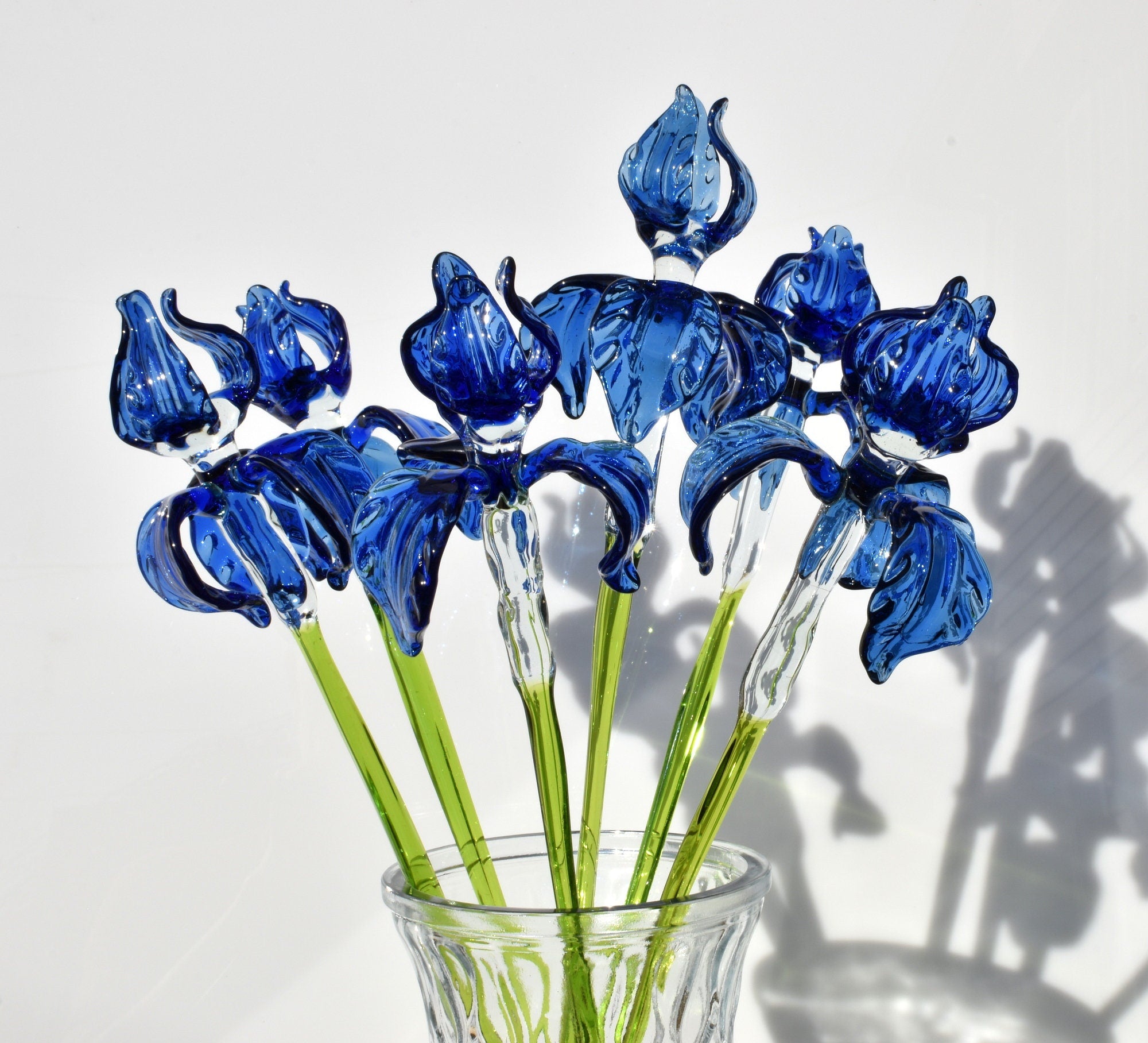 Handblown 17” Glass Iris Flower, Blown Glass Blue Iris Stem, Realistic Floral Art, Handmade Glass Mothers Day Gifts Home Decor & Unique Gift