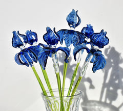 Handblown 17” Glass Iris Flower, Blown Glass Blue Iris Stem, Realistic Floral Art, Handmade Glass Mothers Day Gifts Home Decor & Unique Gift