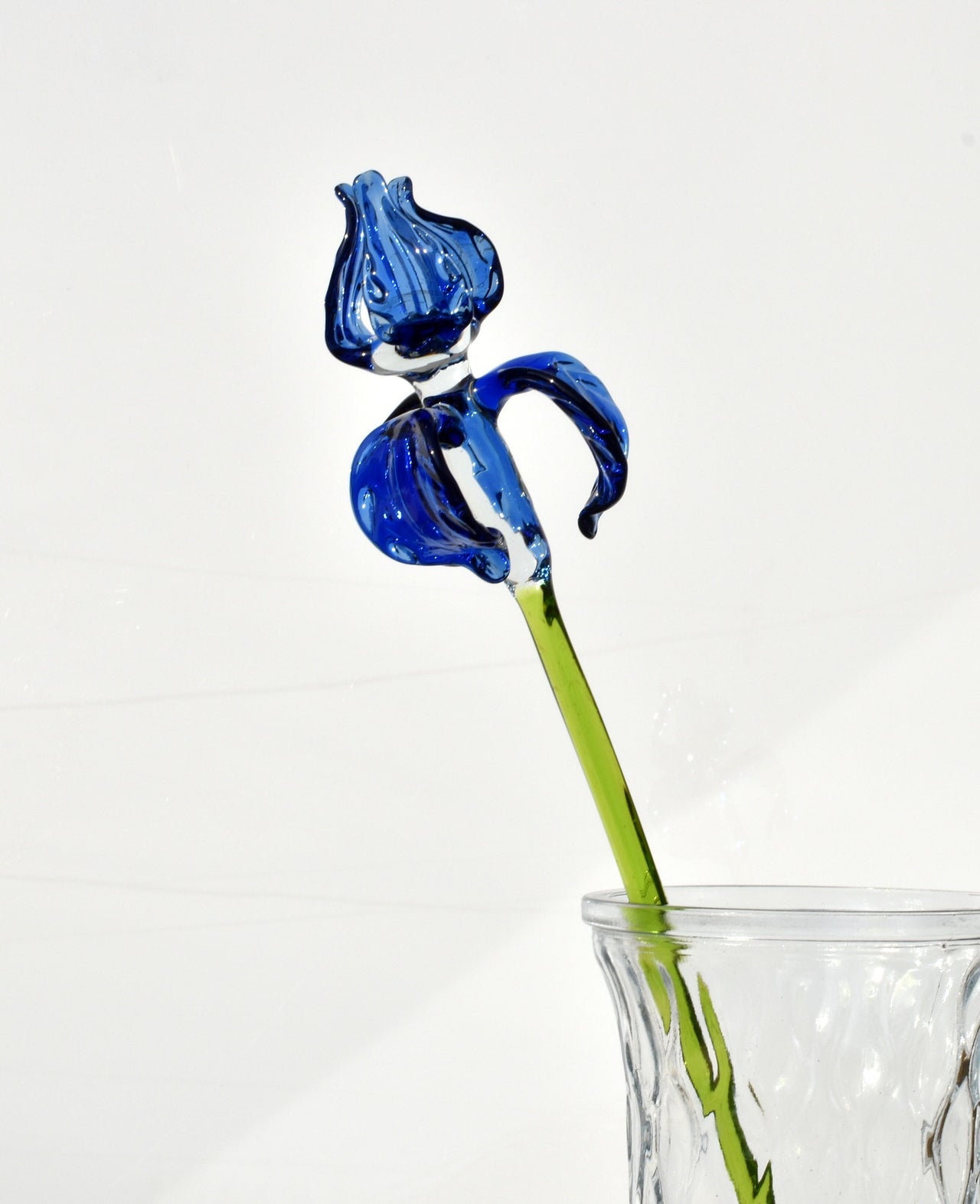 Handblown 15” Glass Iris Flower – Blown Glass Blue Iris Stem, Realistic Floral Art, Handmade Glass Home Decor & Unique Gift Idea