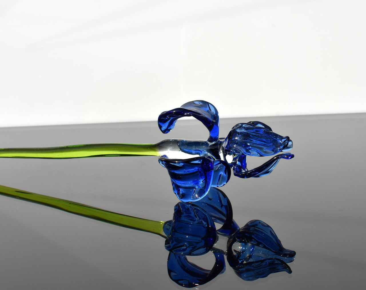 Handblown 15” Glass Iris Flower – Blown Glass Blue Iris Stem, Realistic Floral Art, Handmade Glass Home Decor & Unique Gift Idea