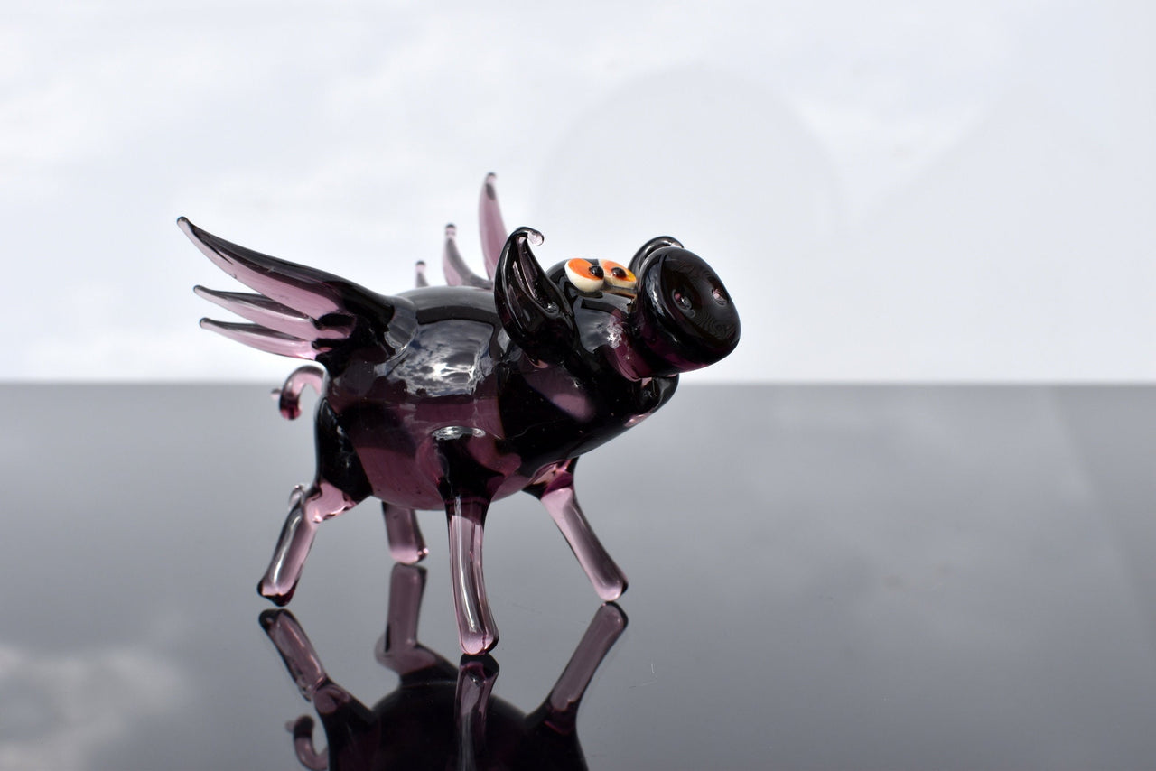 Purple Glass Flying Pig Figurine: Whimsical Collectible Decor