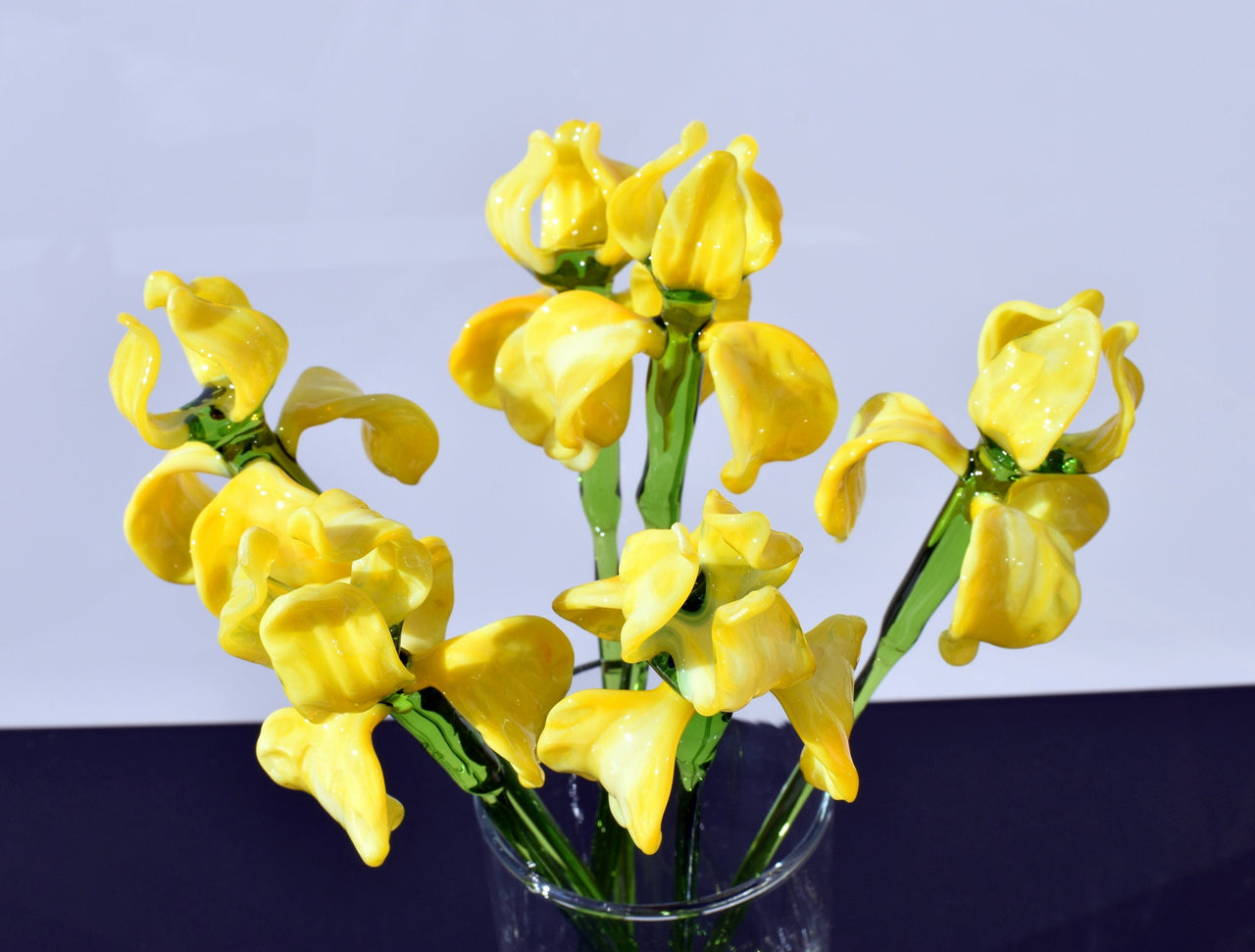 Beautiful extra  long stem yellow glass Iris flower. Excellent addition to your glass collection. Each flower is priced individually.