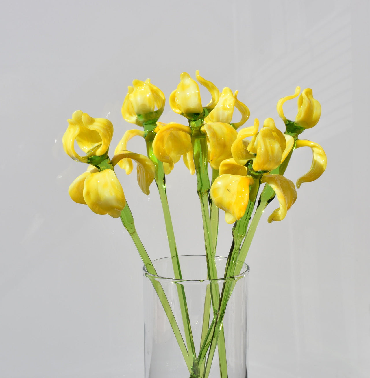 Beautiful extra  long stem yellow glass Iris flower. Excellent addition to your glass collection. Each flower is priced individually.