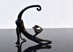Black Glass Cat Figurine – Handcrafted Whimsical Art Sculpture