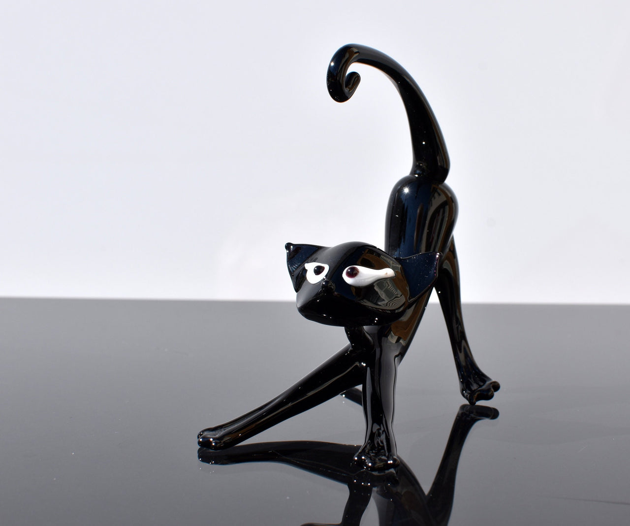 Black Glass Cat Figurine – Handcrafted Whimsical Art Sculpture