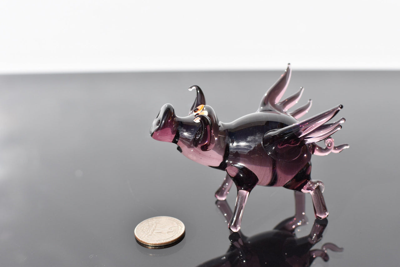 Purple Glass Flying Pig Figurine: Whimsical Collectible Decor