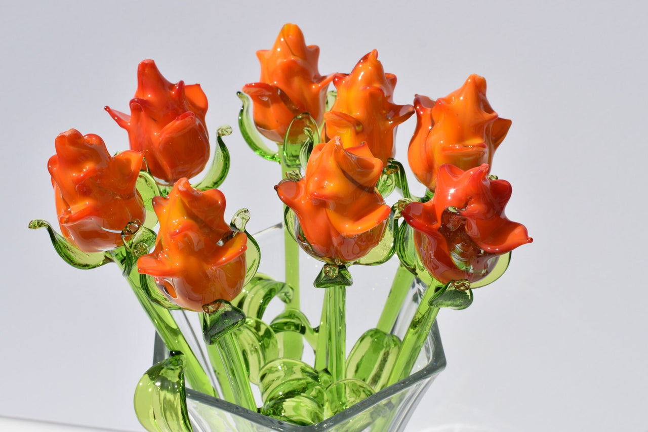 Handmade Orange Glass Rose Flower: Collectible Sculpture, Weatherproof Art