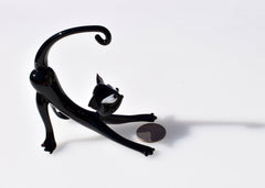 Black Glass Cat Figurine – Handcrafted Whimsical Art Sculpture