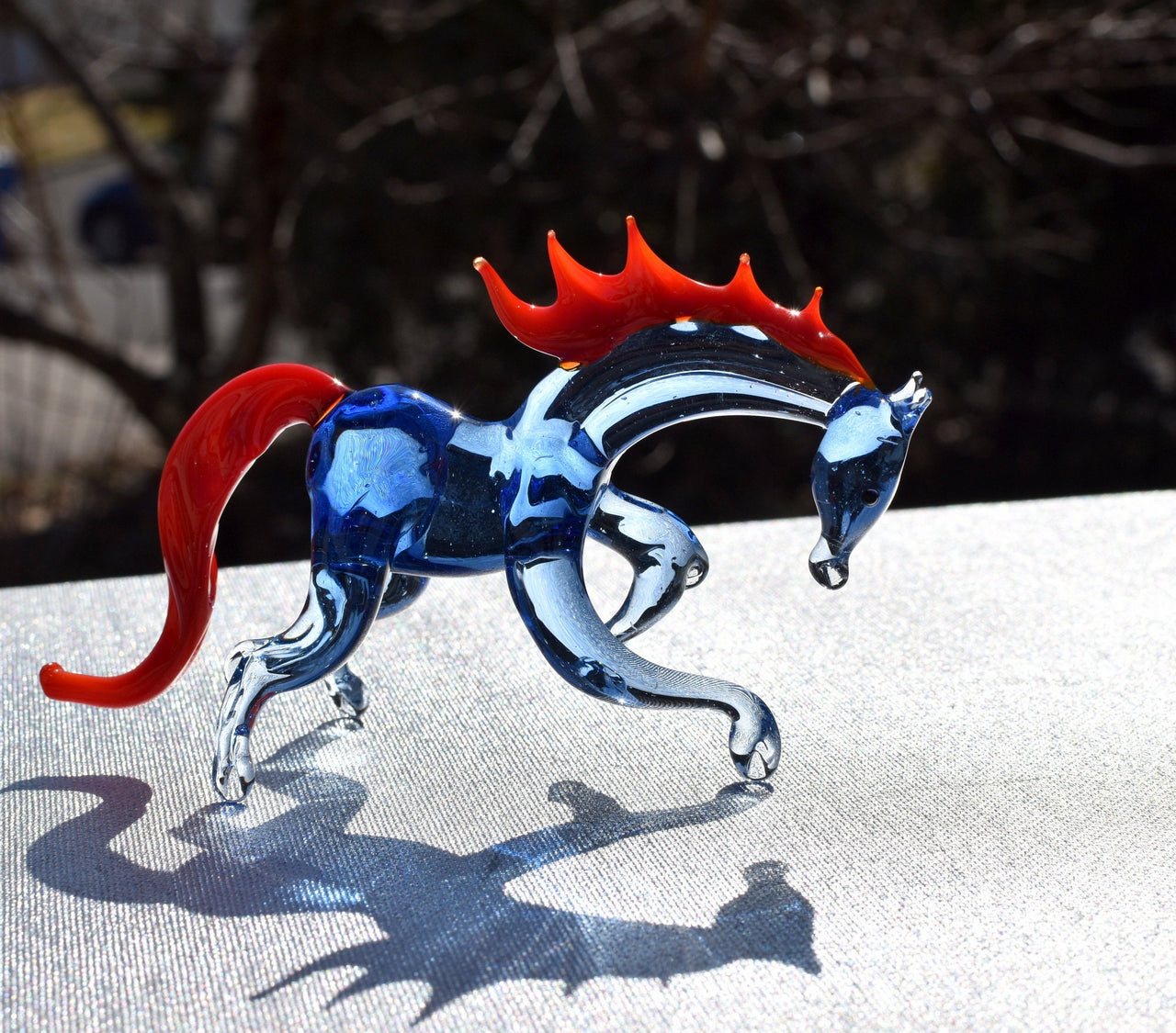 Handmade Blue Glass Horse Figurine: Whimsical Art Glass Sculpture