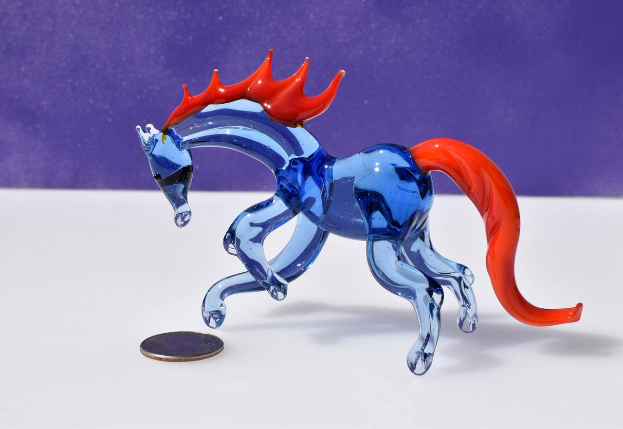Handmade Blue Glass Horse Figurine: Whimsical Art Glass Sculpture