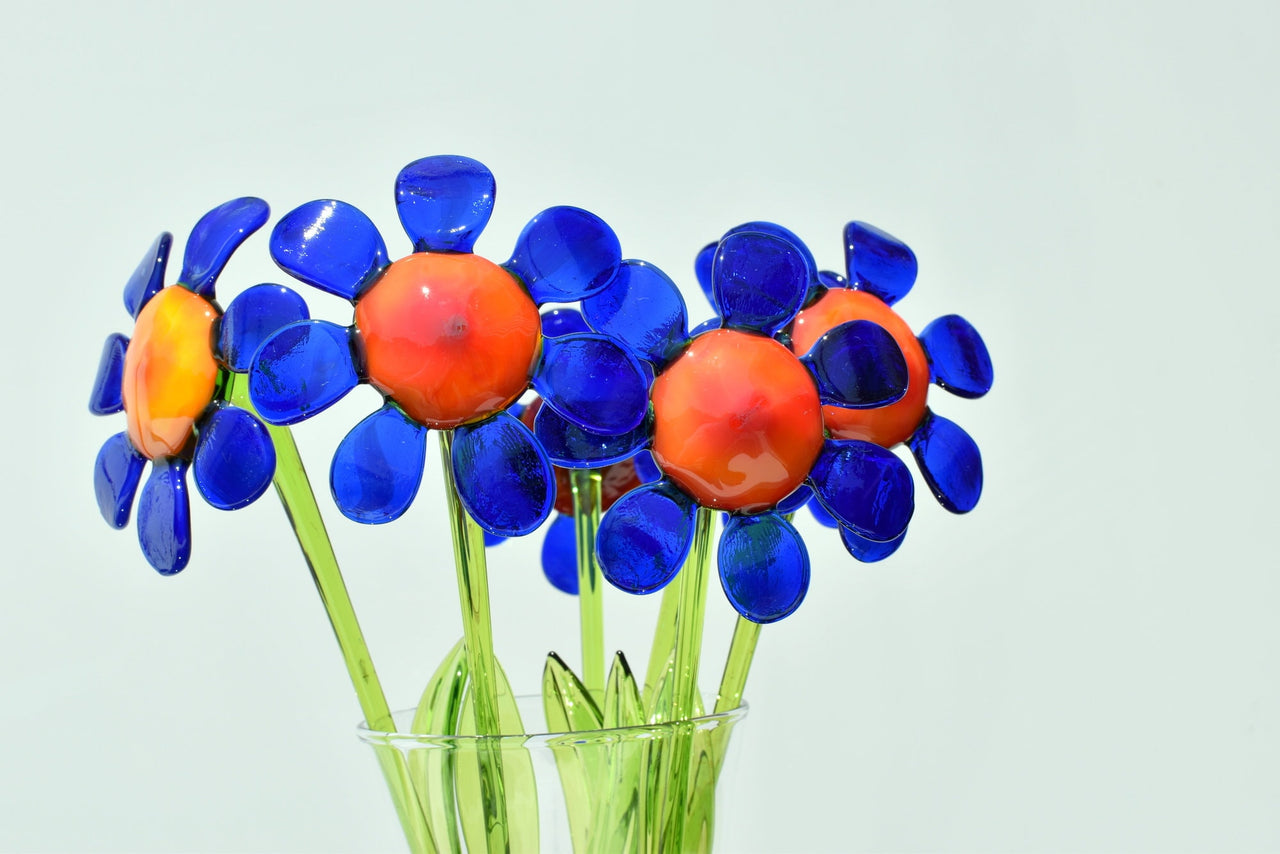 Handmade Blue Daisy Glass Flower Sculpture: Flame Work Art