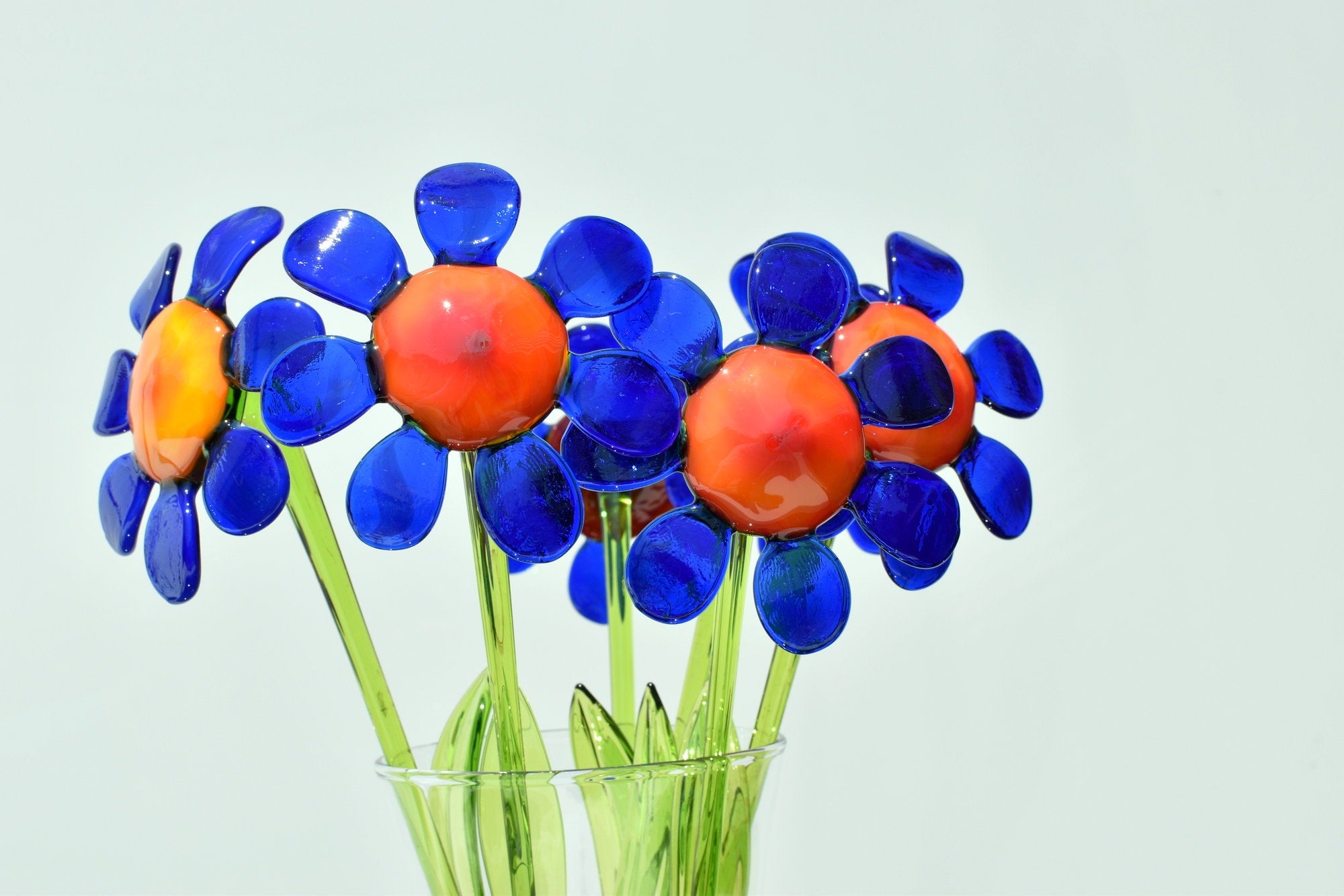 Handmade Blue Daisy Glass Flower Sculpture: Flame Work Art