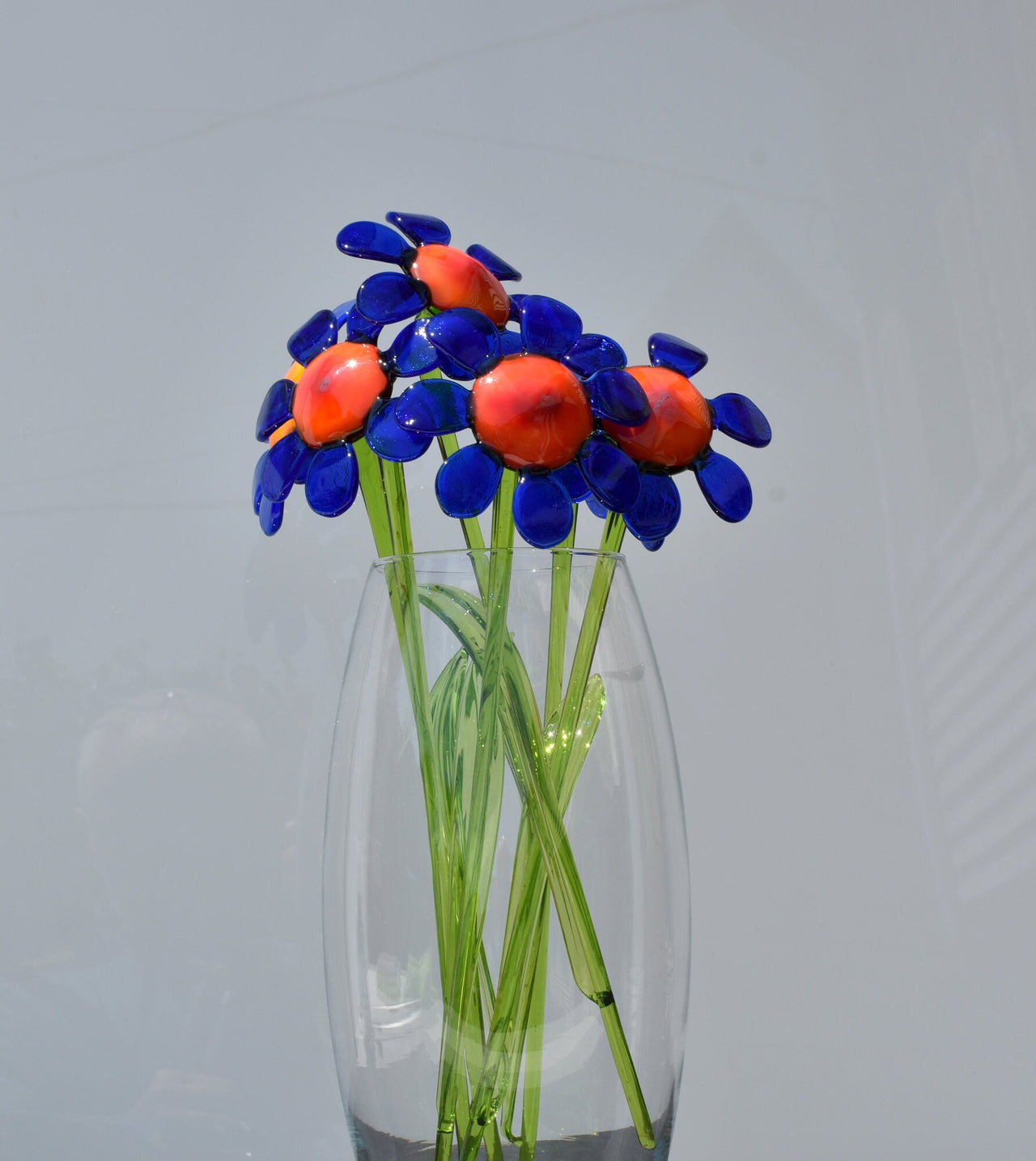 Handmade Blue Daisy Glass Flower Sculpture: Flame Work Art