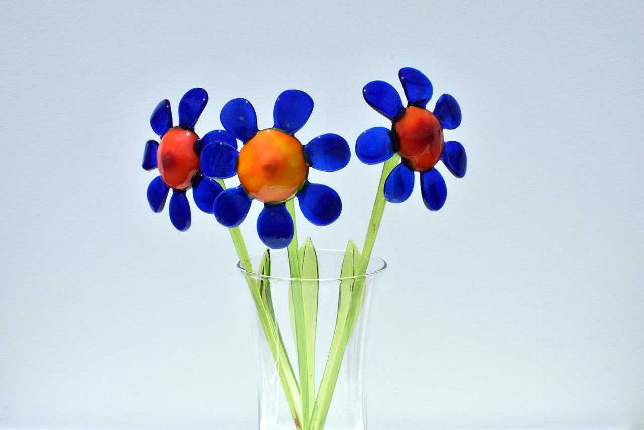Handmade Blue Daisy Glass Flower Sculpture: Flame Work Art