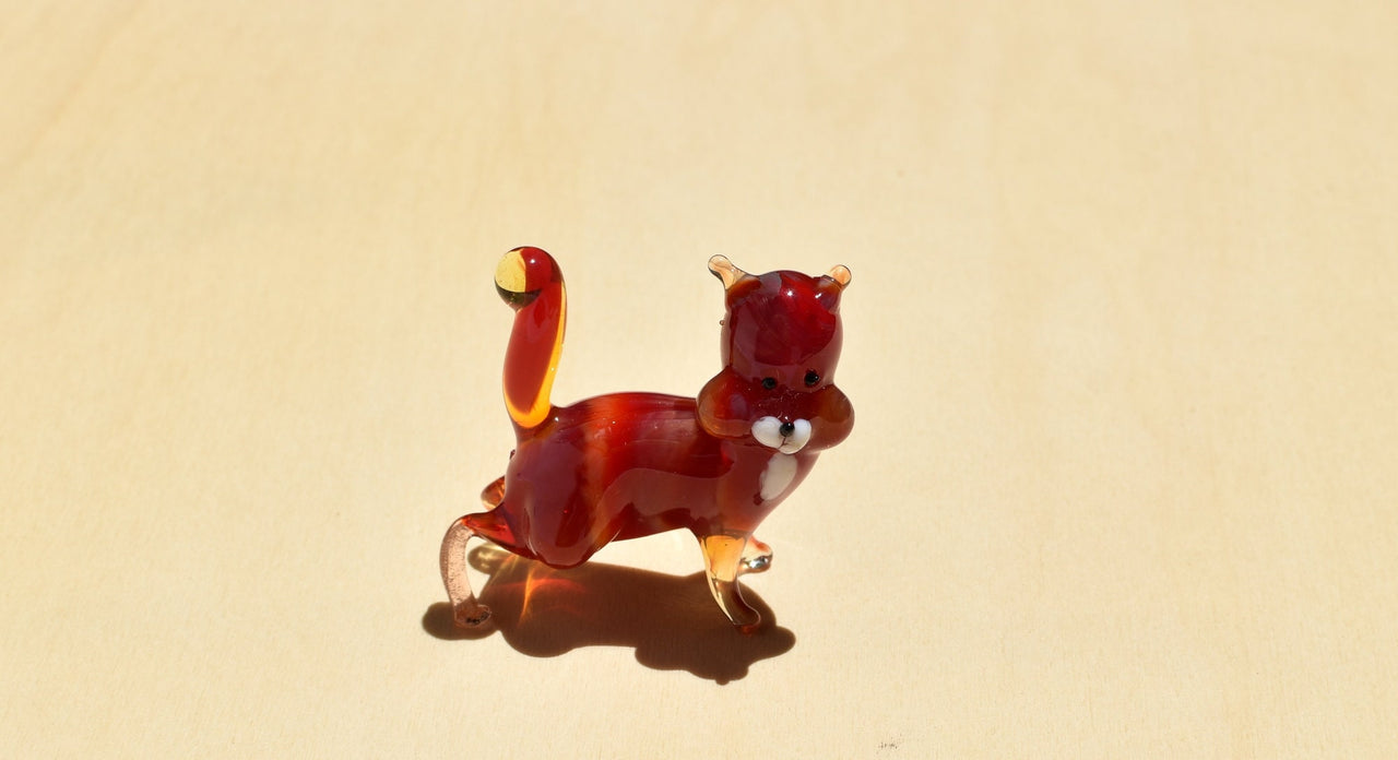 Handmade Red Glass Cat Figurine: Whimsical Art Glass Sculpture