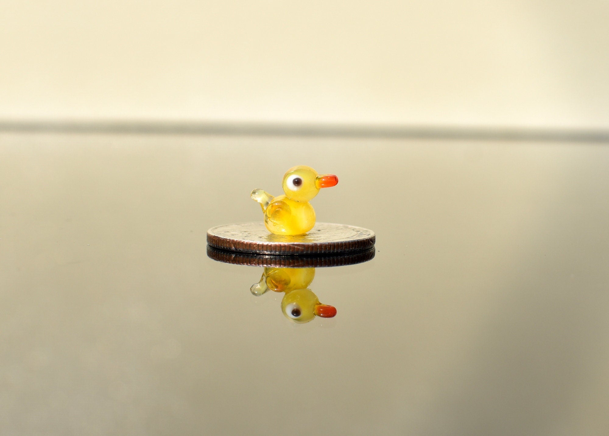 Handblown Miniature Glass Duck: Tiny Yellow Figurine, Fairy Garden Decor