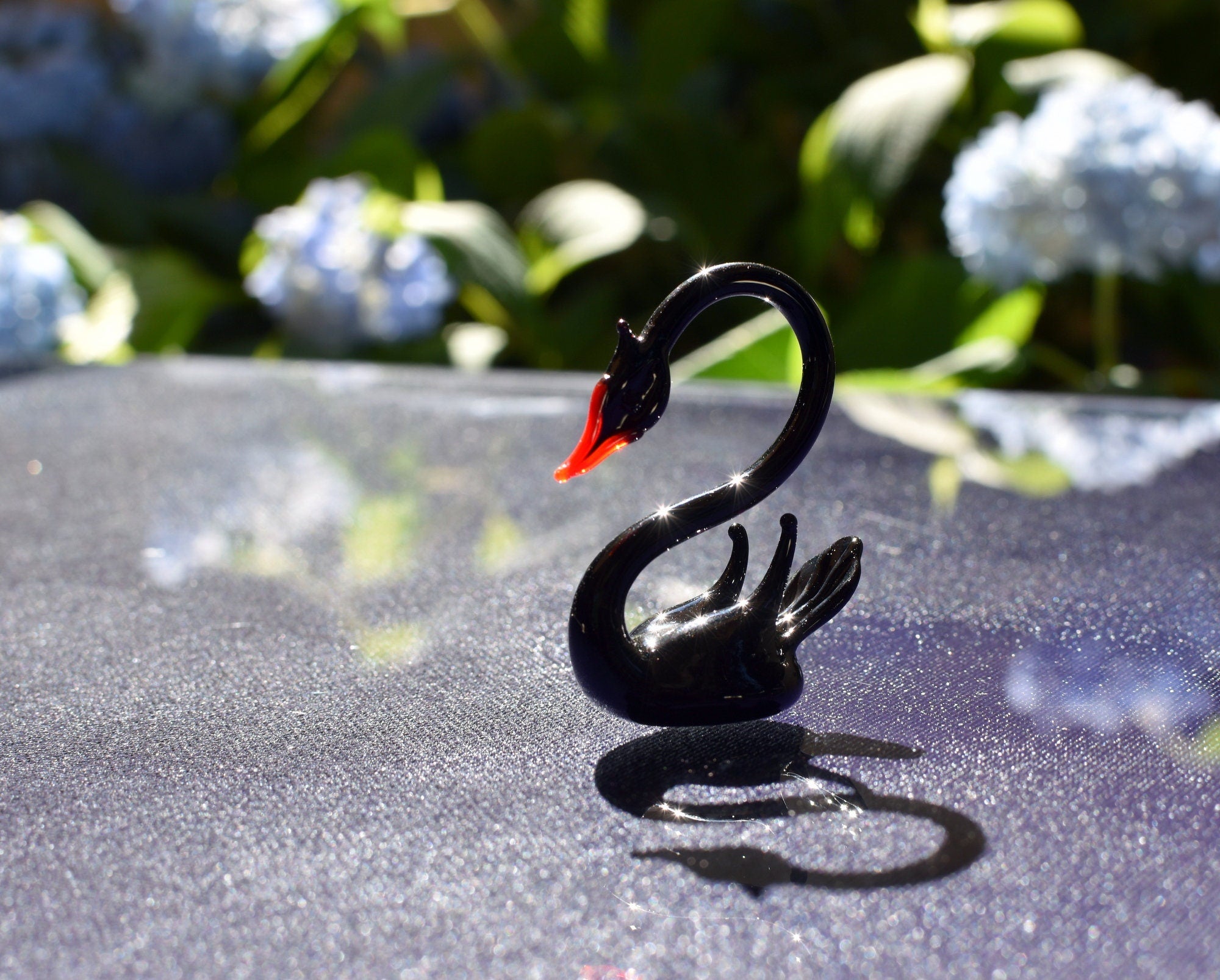 Handmade Glass Black Swan Figurine: Whimsical Art Glass Sculpture
