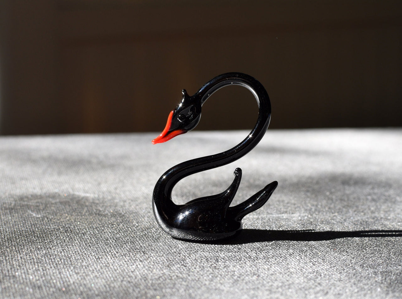 Handmade Glass Black Swan Figurine: Whimsical Art Glass Sculpture