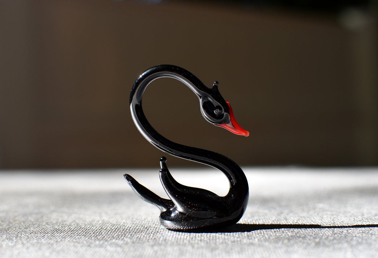 Handmade Glass Black Swan Figurine: Whimsical Art Glass Sculpture