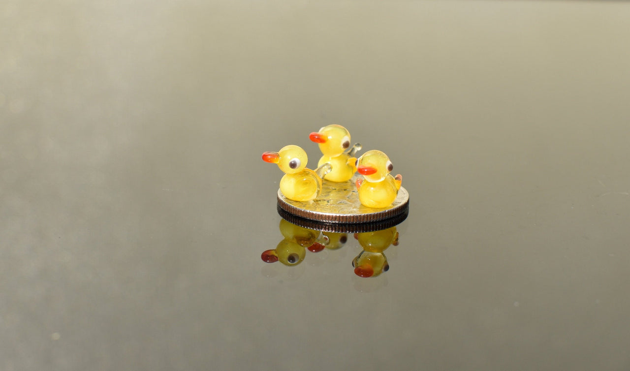 Handblown Miniature Glass Duck: Tiny Yellow Figurine, Fairy Garden Decor