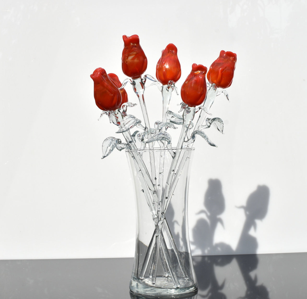 Handmade Orange-Red Glass Rose: Flame Work Sculpture, 14-inch