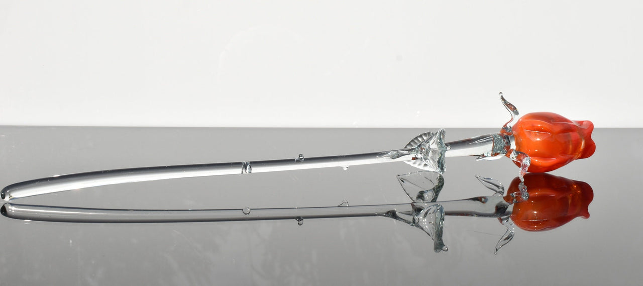 Handmade Orange-Red Glass Rose: Flame Work Sculpture, 14-inch