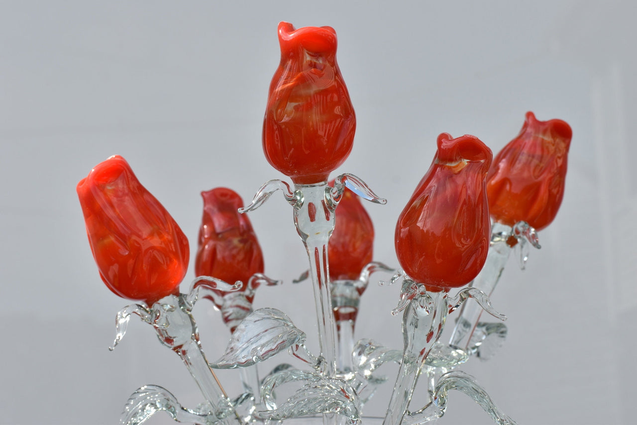 Handmade Orange-Red Glass Rose: Flame Work Sculpture, 14-inch