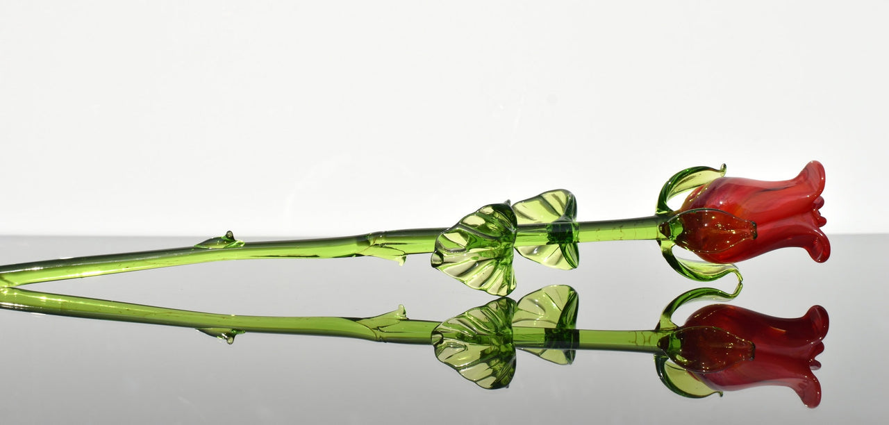 Red Glass Rose Flower – Hand Blown Art Sculpture – 13” Long Stem Collectible Gift – Single Flower or Bouquet
